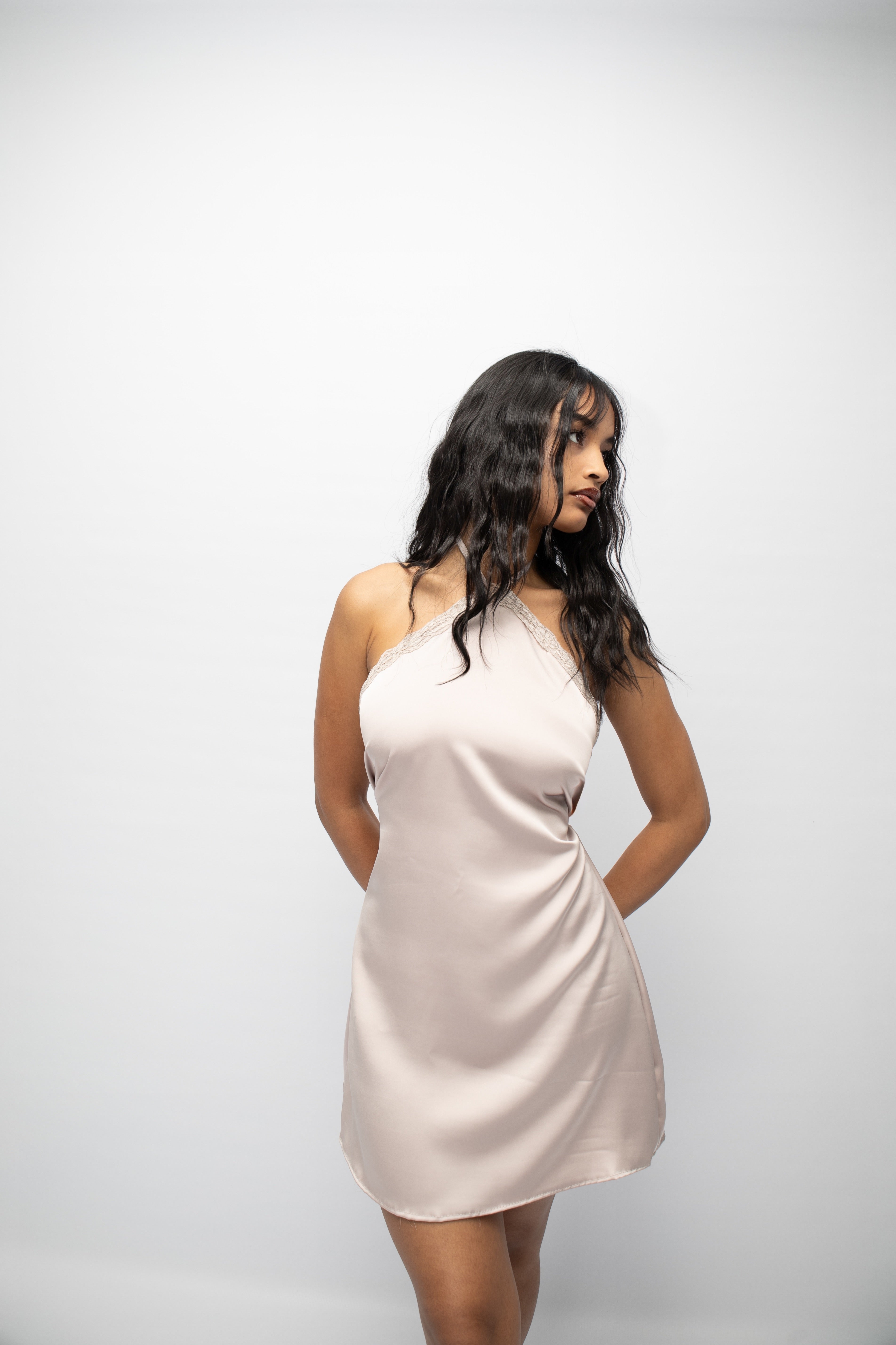 Paris satin mini dress in light ash
