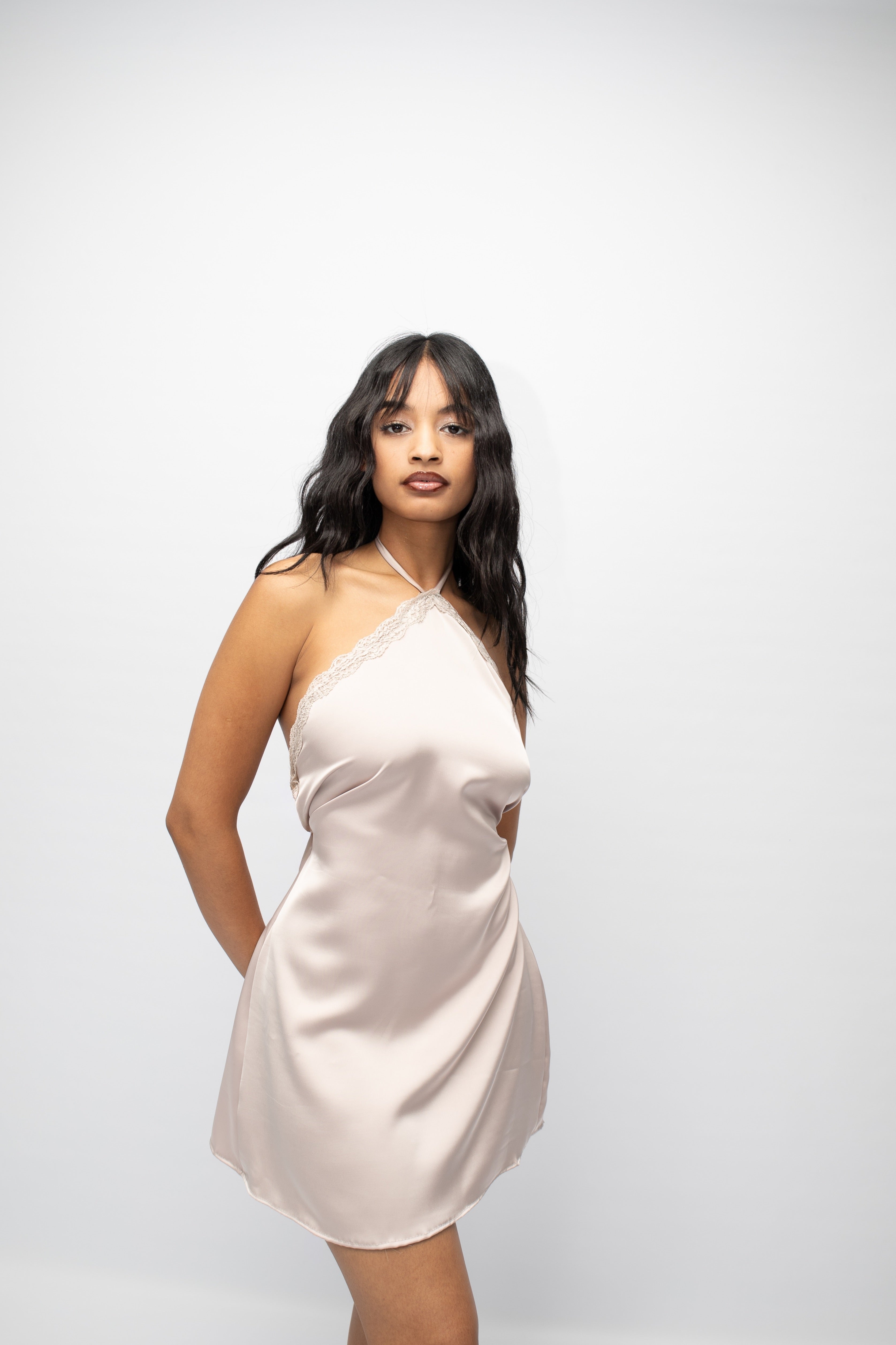 Paris satin mini dress in light ash