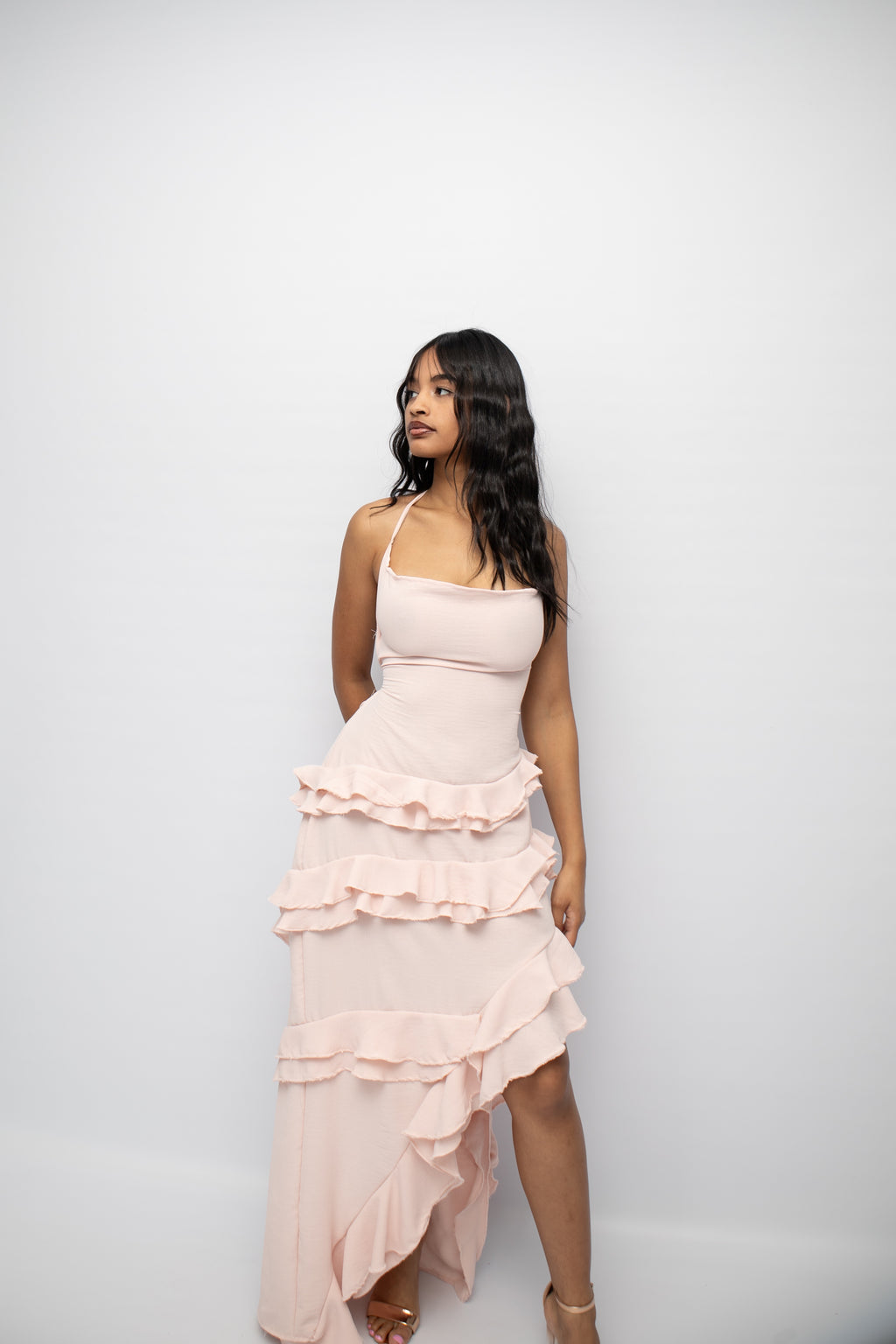 Baby pink ruffle dress .