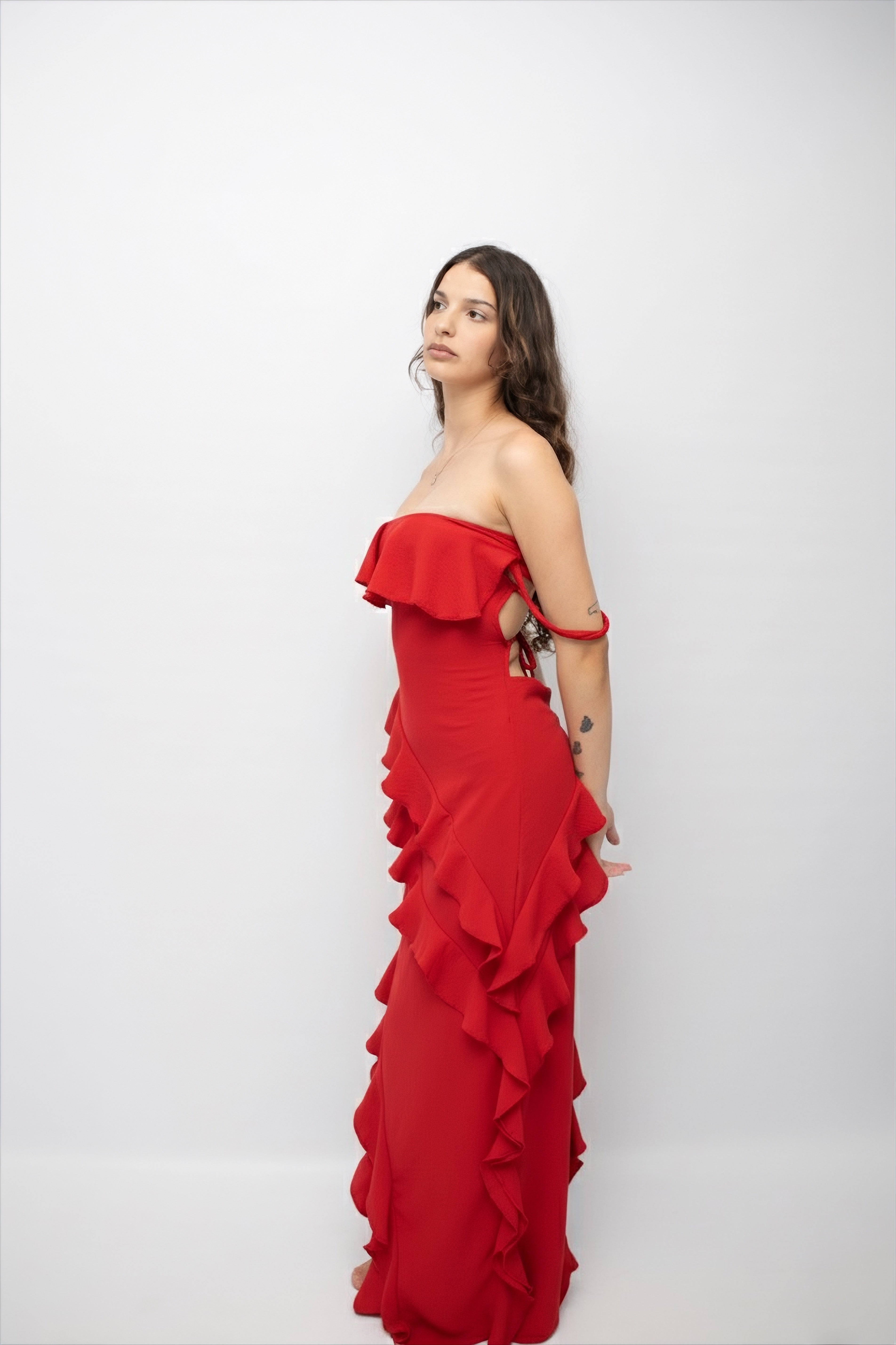 Red ruffle dress .