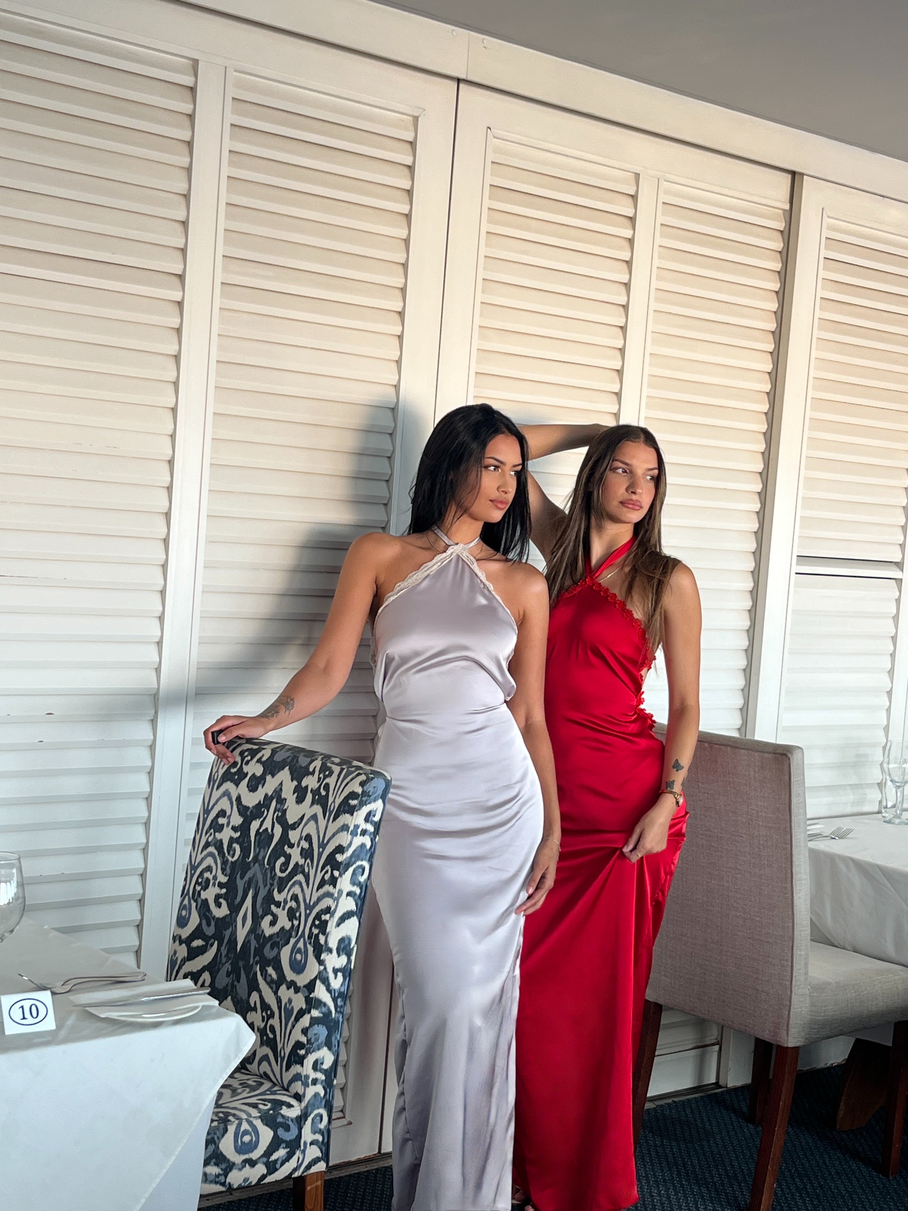 Paris satin maxi dress in light ash
