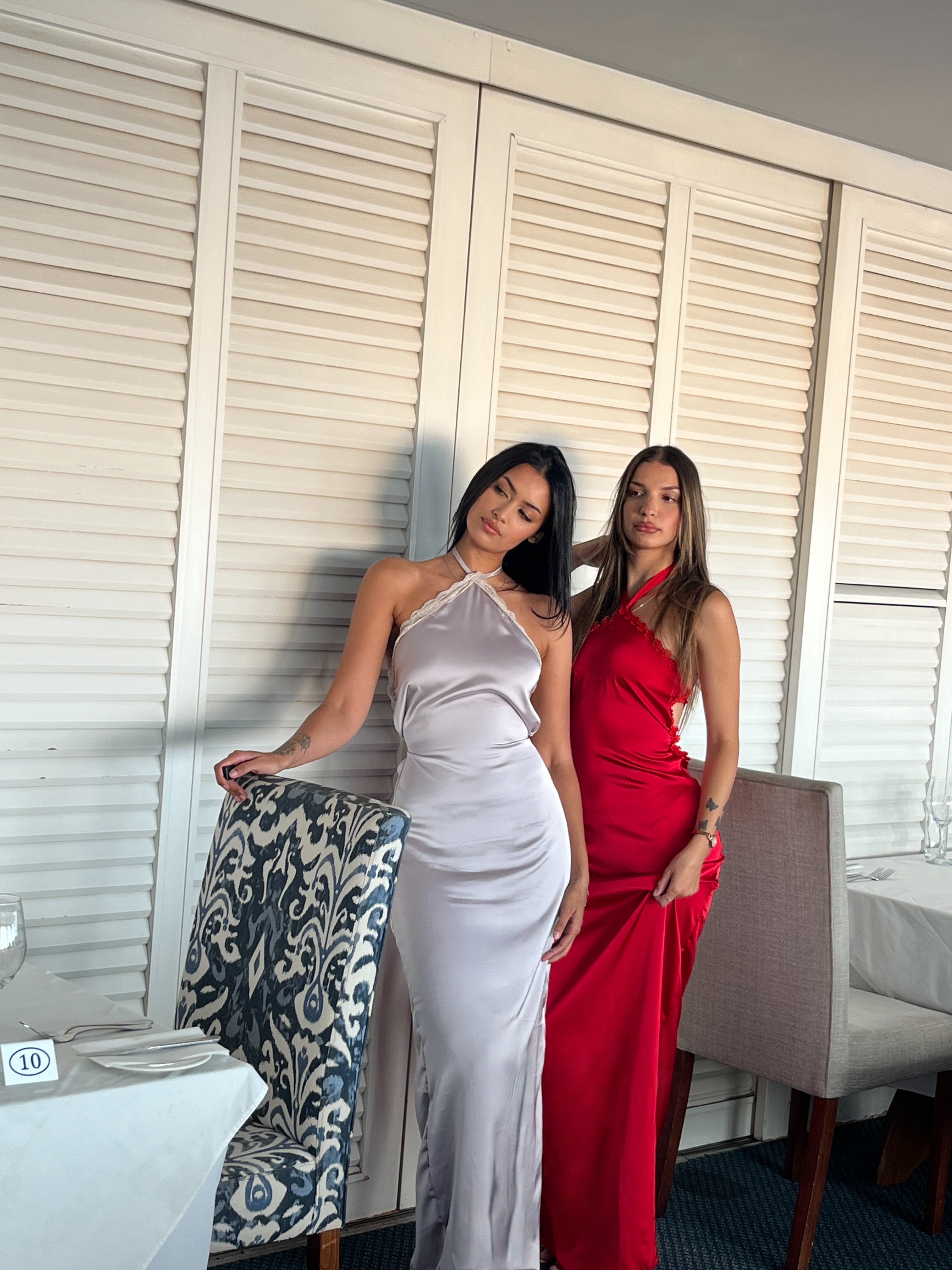 Paris satin maxi dress in light ash