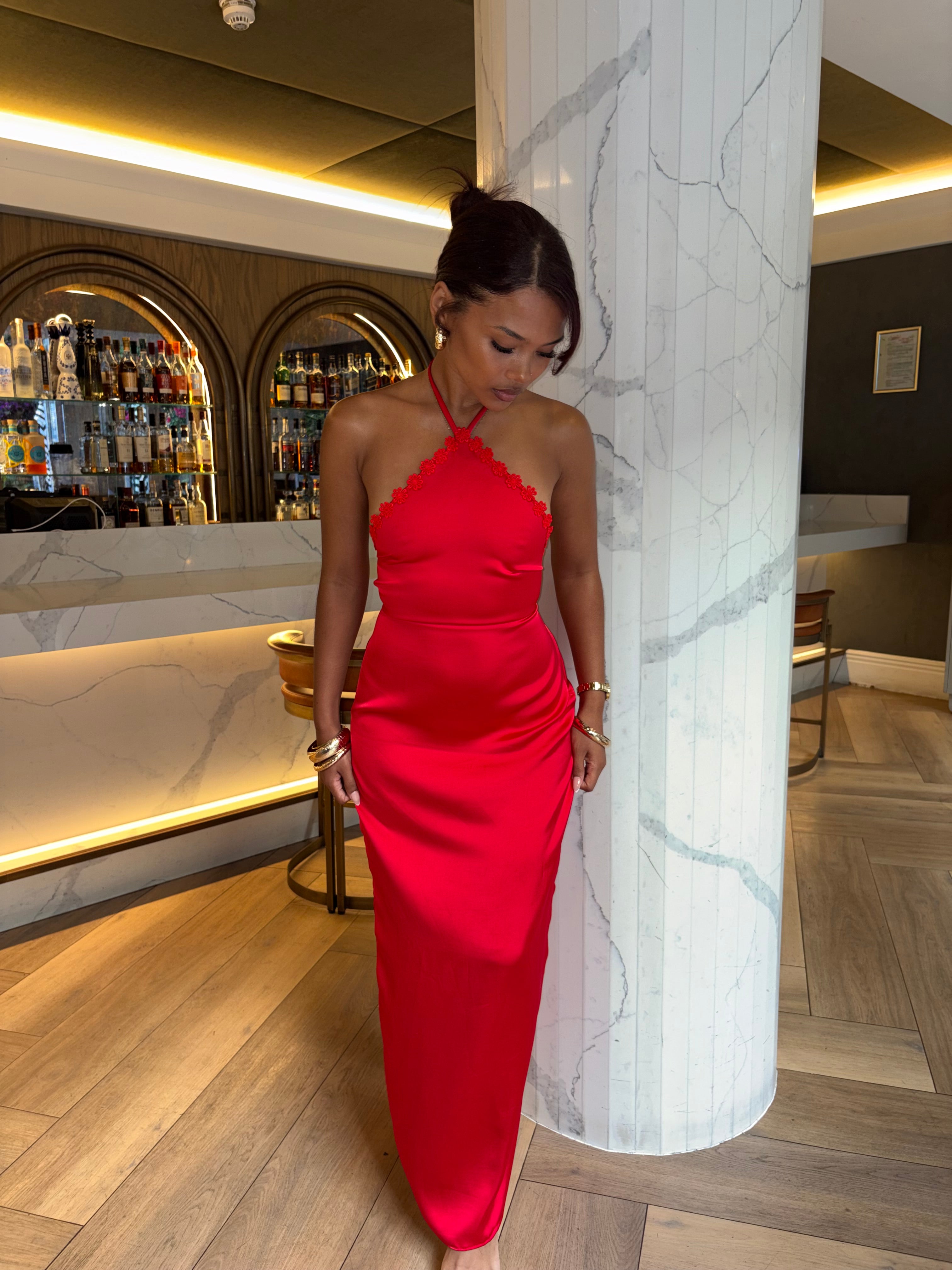 Paris satin maxi dress in red