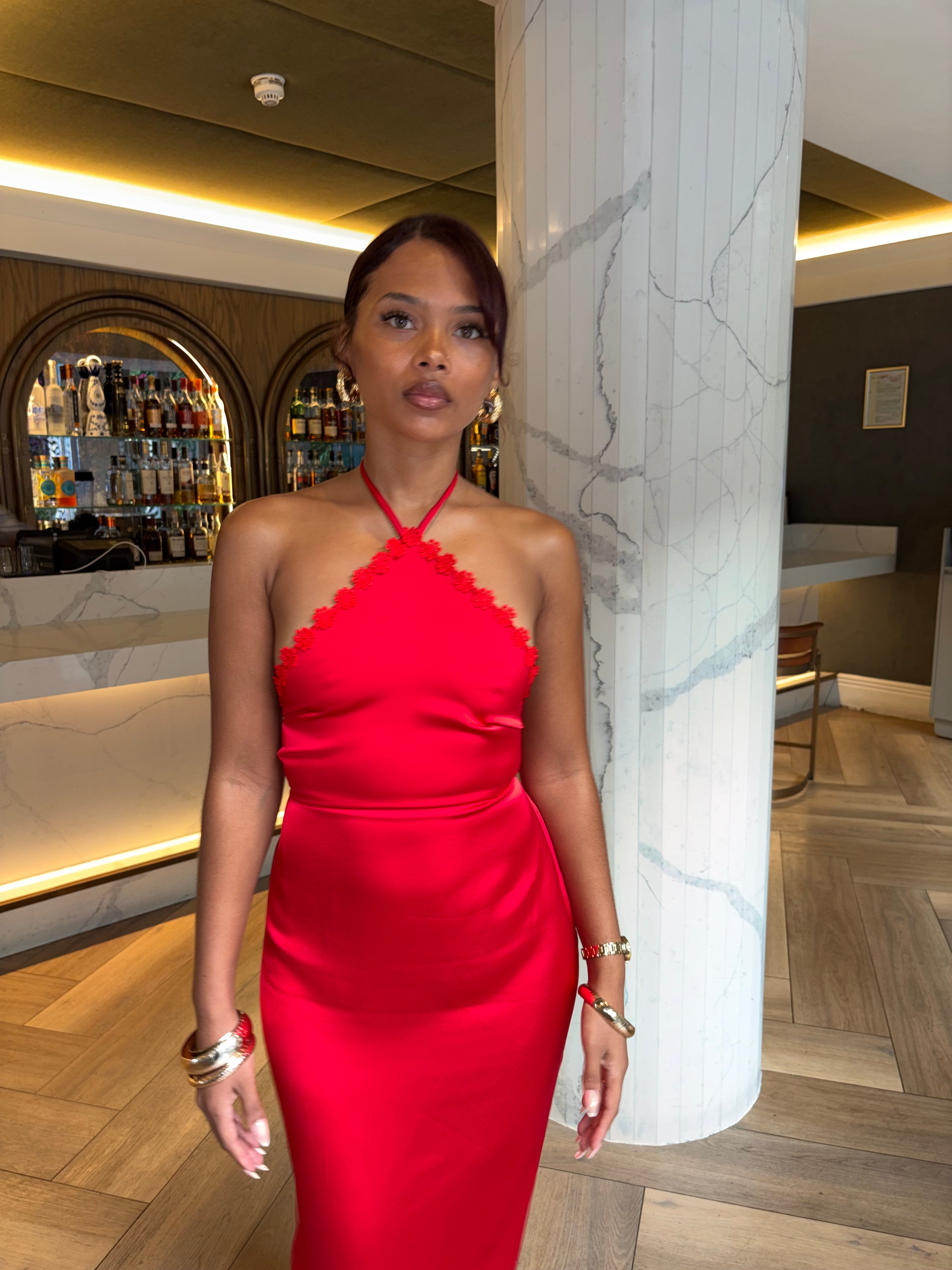Paris satin maxi dress in red